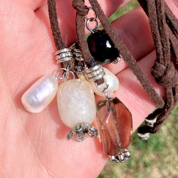 VTG Gemstone Freshwater Pearls Long Necklace Spinel Quartz Tourmaline Suede Boho - Picture 12 of 12